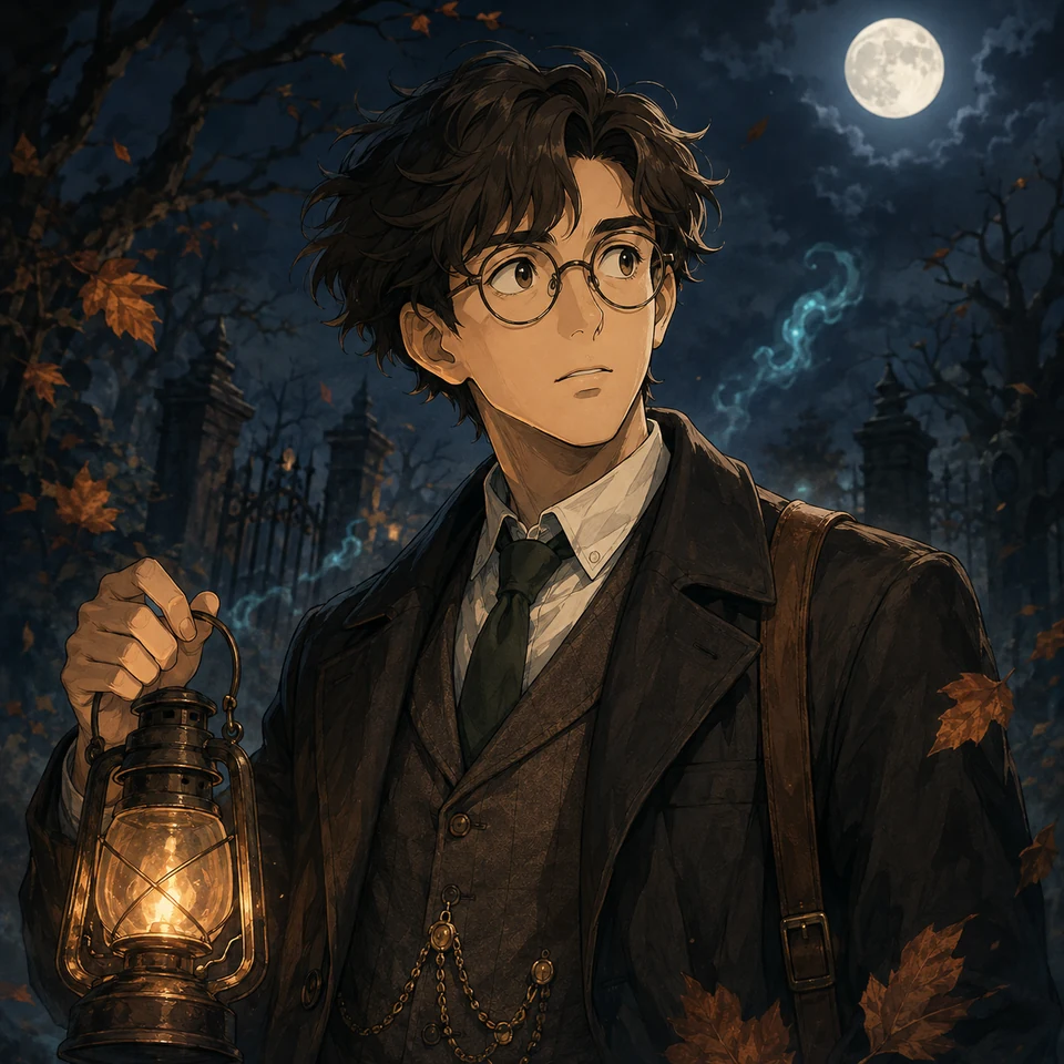 Professor Elliot Vaughn holding a lantern on a moonlit autumn night.
