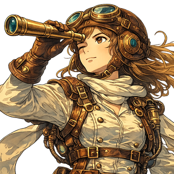 Steampunk-style adventurer looking through a telescope.